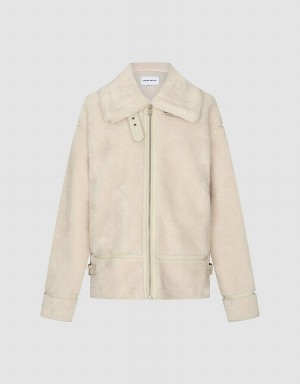 Abrigos Urban Revivo Cremallera Front Furry Mujer Blancos | NUD1810NO