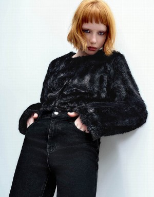 Abrigos Urban Revivo Crew Neck Furry Mujer Negros | BXJ1423BJ
