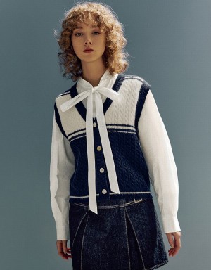 Abrigos Urban Revivo Two Toned De Punto V-Neck Waistcoat Mujer Azules | KZH7228IV