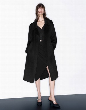 Abrigos Urban Revivo Woolen Long With Belt Mujer Negros | QKX1722QA