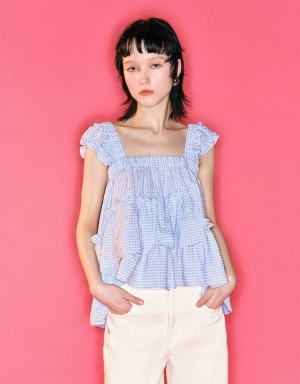 Blusa Urban Revivo Butterfly Sleeve Plaid Checkered Mujer Azules | BMU6593CV