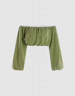 Blusa Urban Revivo Off Shoulder Plaid Long Sleeve Top Mujer Verdes | ZUJ7476YH