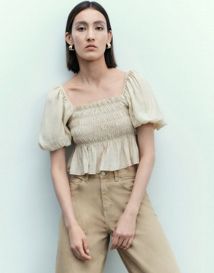 Blusa Urban Revivo Puff Sleeve Square-Cut Collar Overhead Mujer Beige | NUQ1423SY