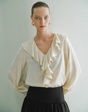 Blusa Urban Revivo Ruffle V-Neck Overhead Mujer Amarillos | XFS5644TF