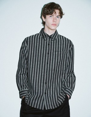 Camisas Urban Revivo A Rayas Button Up Oversized Hombre Negros | WYZ619SN