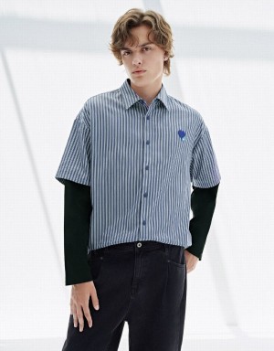 Camisas Urban Revivo A Rayas Loose Hombre Azules | ZAY4970NQ
