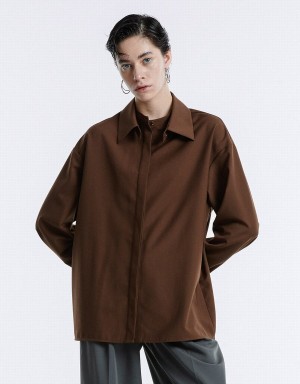 Camisas Urban Revivo Basic Button Up Mujer Marrom | BQG4597ML