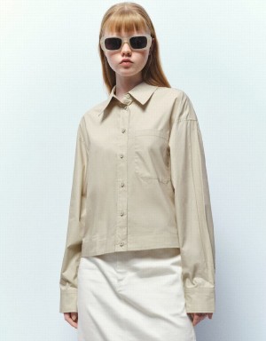 Camisas Urban Revivo Button Up Directo Mujer Kaki | IKQ6977OP