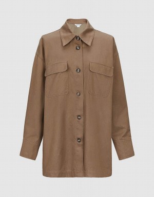 Camisas Urban Revivo Button Up Directo Mujer Marrom Oscuro | KEL3875MU