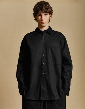 Camisas Urban Revivo Button Up Loose Hombre Negros | UHT6669XE