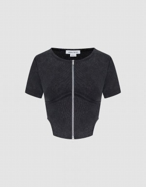 Camisas Urban Revivo Cremallera Front Crew Neck Mujer Grises Oscuro | WLH938CS