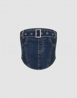 Camisas Urban Revivo Denim Top Mujer Azules | VSL53100ZB