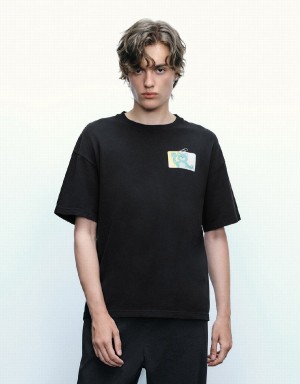Camiseta Urban Revivo Bear Printed Crew Neck Hombre Negros | NPG699BV