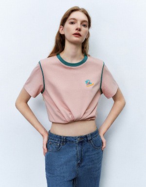 Camiseta Urban Revivo Crew Neck Directo Mujer Rosas | QJJ128LK
