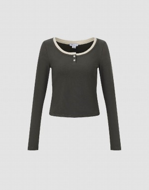 Camiseta Urban Revivo Crew Neck Flaco Mujer Grises Oscuro | QIA9634CL