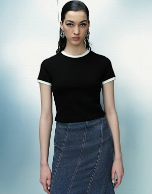 Camiseta Urban Revivo Crew Neck Flaco Mujer Negros | KFF2529UC