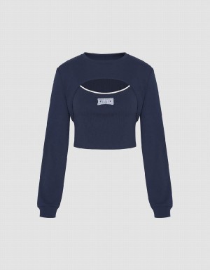 Camiseta Urban Revivo Cut-Out Crew Neck De Punto Mujer Azules | DDO1237ME