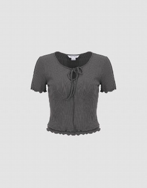 Camiseta Urban Revivo Frill Trim Tie Front De Punto Mujer Grises | WVF7547AR