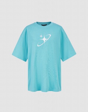 Camiseta Urban Revivo Galaxy Printed Crew Neck Mujer Azules | JWJ10072PZ