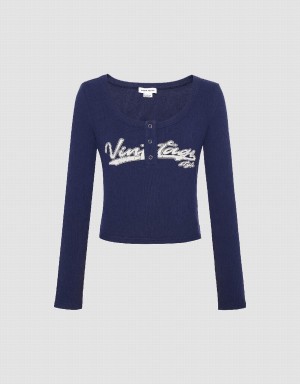 Camiseta Urban Revivo Letter Print With Press Buttons Mujer Azules | HIB4160KW