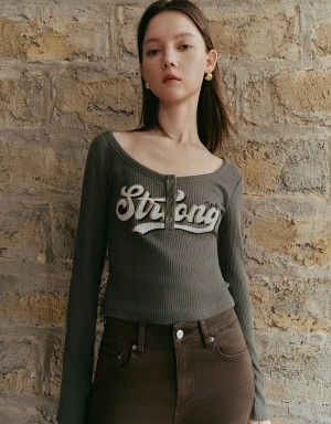 Camiseta Urban Revivo Letter Printed Crew Neck Flaco Mujer Grises Oscuro | SNM8052ZG