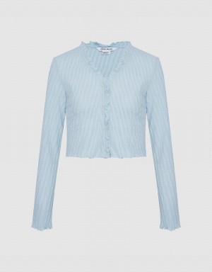 Camiseta Urban Revivo Lettuce Edge Textured Mujer Azules | YZA2548LZ