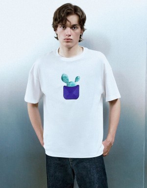 Camiseta Urban Revivo Printed Crew Neck Loose Hombre Blancos | QZF6855DD
