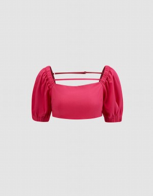 Camiseta Urban Revivo Puff Sleeve Crop Top Mujer Rojos | YDZ5913JB
