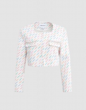 Chamarras Urban Revivo Multicolor Letter Print Rhinestone Detail Mujer Blancos | ZJK847GT