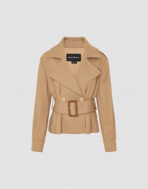Chamarras Urban Revivo Notch Lapel Skater With Belt Mujer Kaki Claro | MSQ5822HU