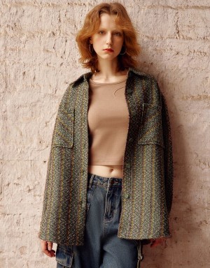 Chamarras Urban Revivo Textured Long Woolen Mujer Verdes | HAM4899UB