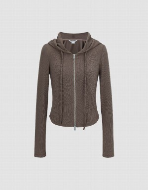 Chaqueta Con Capucha Urban Revivo Cremallera Front Flaco Mujer Marrom Oscuro | RCZ3919GU