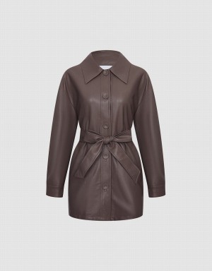 Chaquetas De Cuero Urban Revivo Faux Cuero Belted Mujer Kaki Marrom | EWJ1894QD
