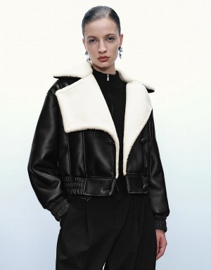 Chaquetas De Cuero Urban Revivo V-Neck Vegan Mujer Negros | XCB5835WJ