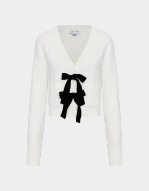 Cárdigan Urban Revivo Bow Tie Decor V-Neck De Punto Mujer Blancos | HUD3256WD
