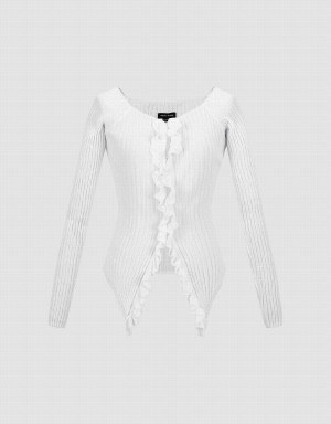 Cárdigan Urban Revivo Frill Trim De Punto Mujer Blancos | WJI6739DW