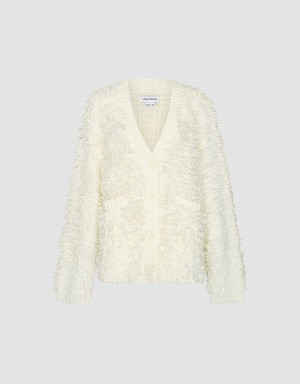 Cárdigan Urban Revivo Furry V-Neck De Punto Mujer Blancos | JUA4013CU