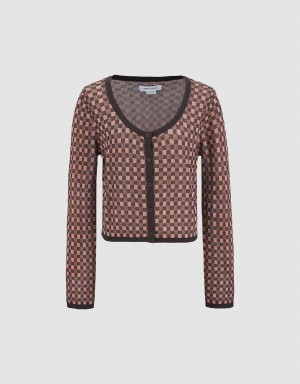 Cárdigan Urban Revivo Gingham U Neck De Punto Mujer Marrom | FCI361XQ