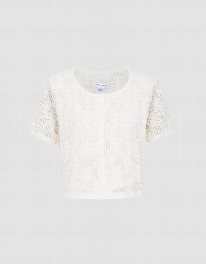 Cárdigan Urban Revivo Pointelle Corta Sleeve Mujer Blancos | JUU3313JS