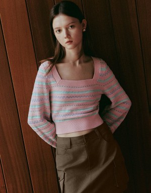 Cárdigan Urban Revivo Puff Sleeve Square-cut Collar De Punto Mujer Rosas | THC4087QF