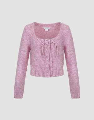 Cárdigan Urban Revivo Tie Front Crew Neck De Punto Mujer Rosas | LDW9786ZY
