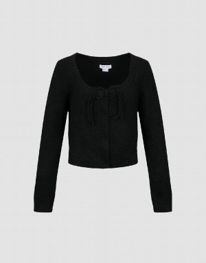Cárdigan Urban Revivo Tie Front Crew Neck De Punto Mujer Negros | XGB395OS