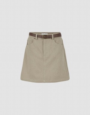 Falda Urban Revivo Mini A-Line Denim With Belt Mujer Kaki | BYO8163XZ