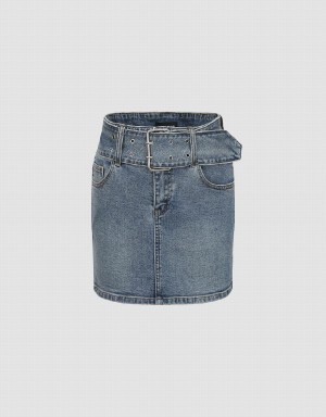 Falda Urban Revivo Mini Flaco Denim Mujer Azules | VZH1329QA