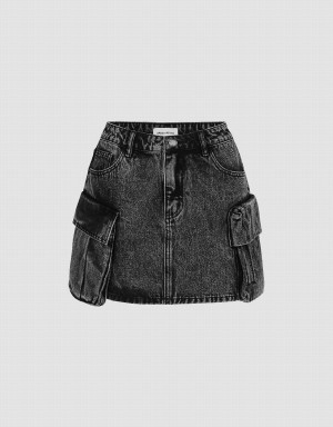 Falda Urban Revivo Multi-Pocket Mini Directo Denim Mujer Negros | TYP8215CL