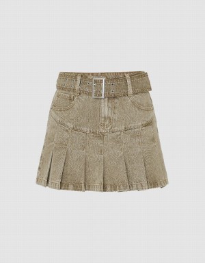 Falda Urban Revivo Plisado Mini A-Line Denim Mujer Kaki | VMF4088GP