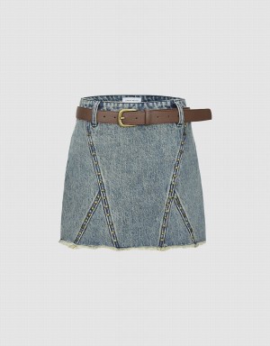 Falda Urban Revivo Raw Hem Mini Denim Mujer Azules | UIL6218WU