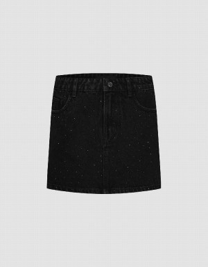 Falda Urban Revivo Rhinestone Decor Mini Directo Denim Mujer Negros | ONI987YL