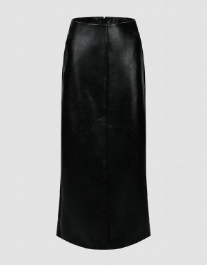 Falda Urban Revivo Vegan Cuero Midi Directo Mujer Negros | HNV7984NN