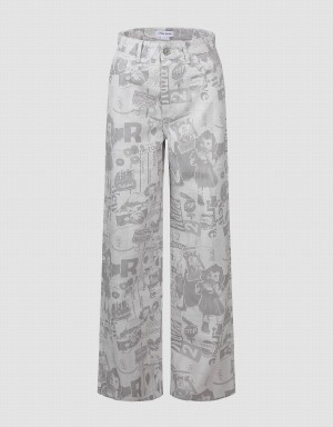 Jeans Urban Revivo Printed Anchos-Leg Mujer Blancos | JMN2029PP
